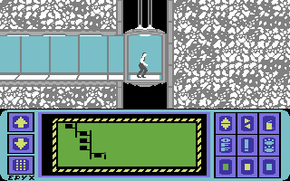 Impossible Mission játékkép Commodore 64-en, robotokkal és liftekkel