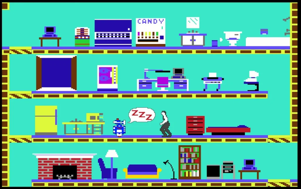 Impossible Mission játék közbeni képernyő a Commodore 64 verzióból, titkos ügynök egy földalatti bázison